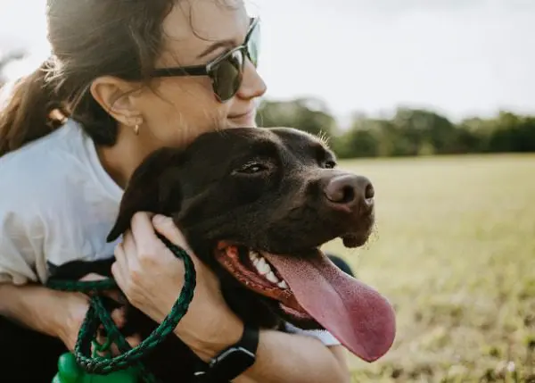 Woman hugging her chocolate lab