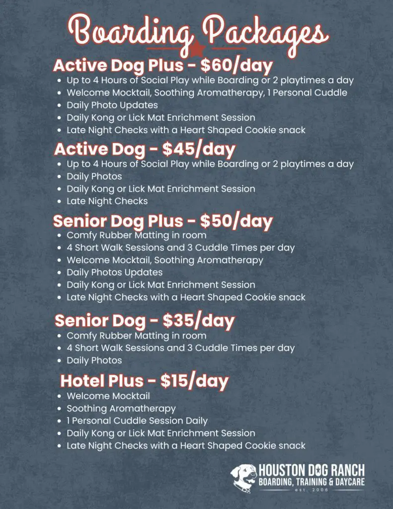 Boarding packages and prices at houston dog ranch