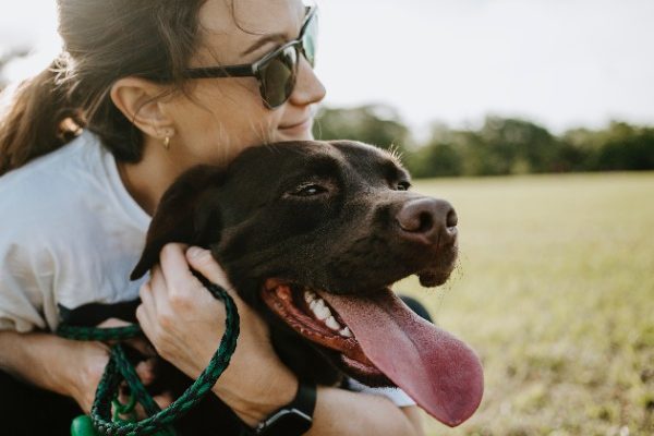 woman hugging her chocolate lab